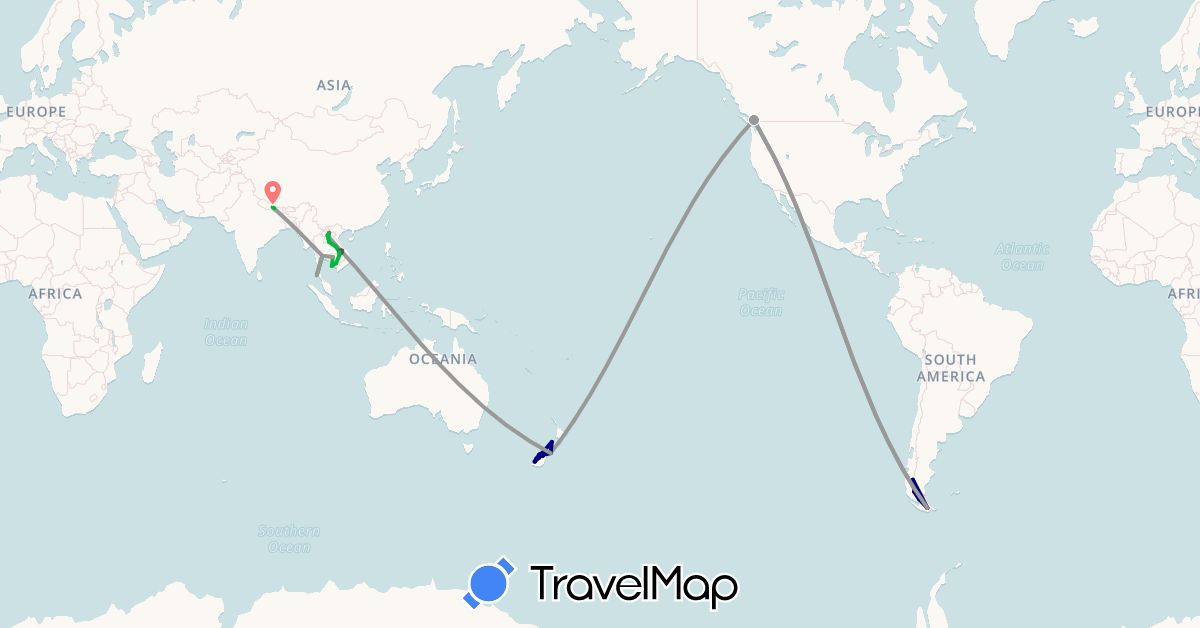 TravelMap itinerary: driving, bus, plane, hiking, boat, motorbike in Argentina, Canada, Chile, Cambodia, Laos, Nepal, New Zealand, Thailand (Asia, North America, Oceania, South America)